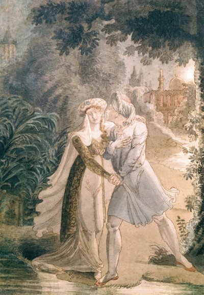 Blanca ja Abon Hamet Alhambran puutarhoissa, Francois Renen (1768-1848) Vicomte de Chateaubriandin teoksesta "Le Dernier des Abencerages" (kynä, muste ja wc paperilla) tekijältä French School