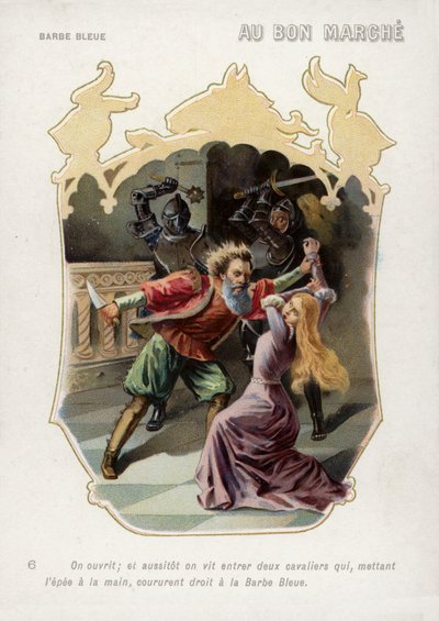Siniparran vaimo pelastuu kuolemasta miehensä kädestä veljiensä saapuessa (chromolitho) tekijältä French School