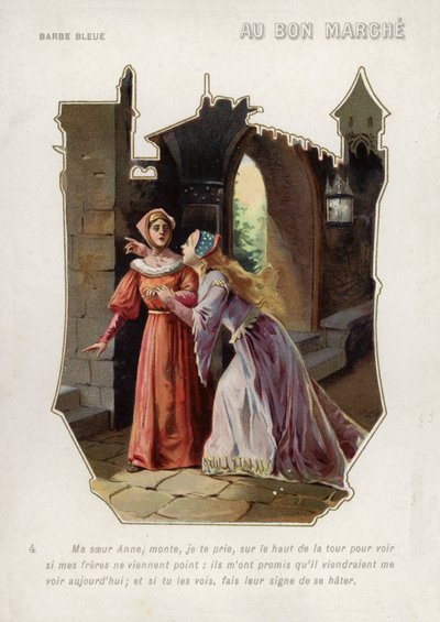 Siniparran vaimo käskee siskoaan Annea kiivetä linnan torniin ja varoa veljiään (chromolitho) tekijältä French School