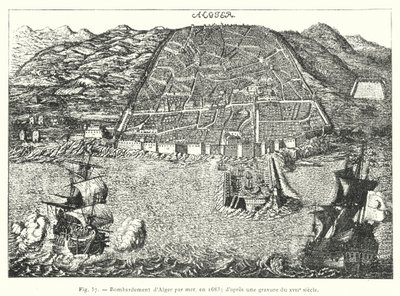 Algerin pommittaminen meritse vuonna 1683; 1600-luvun kaiverruksen jälkeen (kaiverrus) tekijältä French School