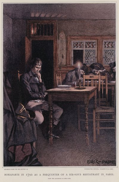 Bonaparte vuonna 1792 pariisilaisen six-sous-ravintolan kävijänä tekijältä French School