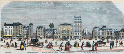 Boulevard Beaumarchais eteläpuoli - Cafe Gibe - Hotel de Ninon de Laclos - Teatteri Beaumarchais - Rue pas de la mule - Kaiverrus "Tableau-de-Paris" Edmond Texier 1852 tekijältä French School