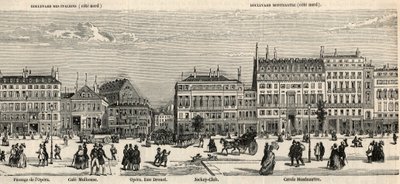 Boulevard des Italiens ja Boulevard Montmartre - Cafe Mulhouse - Cercle Montmartre - Jockey club - Kaiverrus "Tableau-de-Paris" Edmond Texier 1852 - tekijältä French School