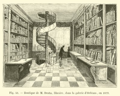 Kirjakauppiaan M Dentun myymälä Orleansin galleriassa vuonna 1829 tekijältä French School