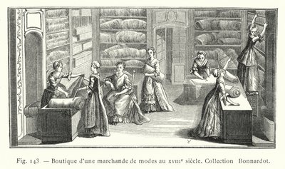 Muotikauppiaan myymälä 1700-luvulla, Bonnardot Collection (kaiverrus) tekijältä French School