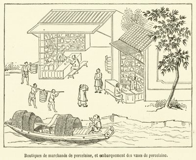 Posliinikauppiaiden liikkeet ja posliinimaljakoiden laivaus (kaiverrus) tekijältä French School