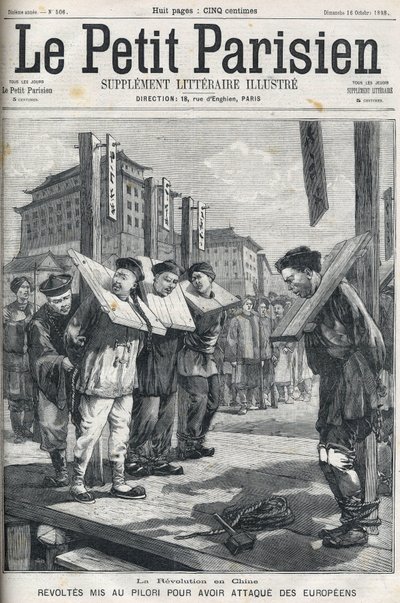 Nyrkkeilijöiden kapina Kiinassa vuonna 1898: Kapinat olivat pilaa eurooppalaisten hyökkäämiselle. "" Le petit parisien" -kansi vuodelta 1898. tekijältä French School