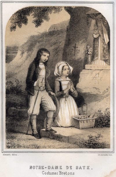 Breton Costumes - Notre-Dame de Batz - kaiverrus MORING MICHELIN SOURIES OF MY CLE MEMORIES AND TRAVEL RECITTS -kirjoitukseen - 1800-luvun loppu tekijältä French School