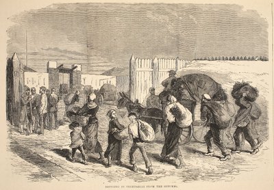 Vihannesten tuominen lähiöistä, kuva Cassellsista Ranskan ja Saksan välisen sodan historia, 1870-1871 tekijältä French School