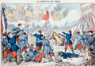 Pariisin kaupungintalon polttaminen ja tuhoaminen kommunardien toimesta, toukokuu 1871(Epinalin painokuva). tekijältä French School