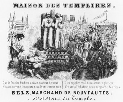 Temppelilaisten polttaminen, verhokaupan laskun otsikko, Maison des Templiers, Belz, rue du Temple, Pariisi, n. 1840 tekijältä French School
