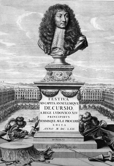 Ludvig XIV Suuren (1638-1715) rintakuva - "" Festiva ad Capita Cancellumque Decursio, A Rege Louis XIV... "", C. Perrault, Paris Imprimerie Royale tekijältä French School
