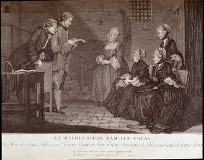 Calasin tapaus: Jean Calasin (kuollut 1762) onneton perhe: äiti, kaksi tytärtä ja Jeanne Viguiere, heidän hyvä palvelijansa, poika ja hänen ystävänsä, v. 1762. tekijältä French School
