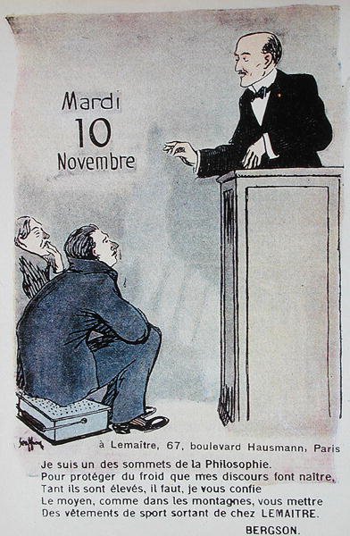 Kalenteri vuodelle 1914, jossa mainostetaan urheiluvaatteita ranskalaisen filosofin Henri Bergsonin (1859-1941) karikatyyrin kanssa tekijältä French School