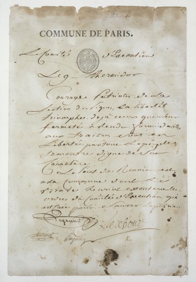 Maximilien de Robespierren (1758-94) puhelu liittyäkseen kommuuniin, 9 Thermidor An 2 (27. heinäkuuta 1794) (kynä ja muste paperille) tekijältä French School