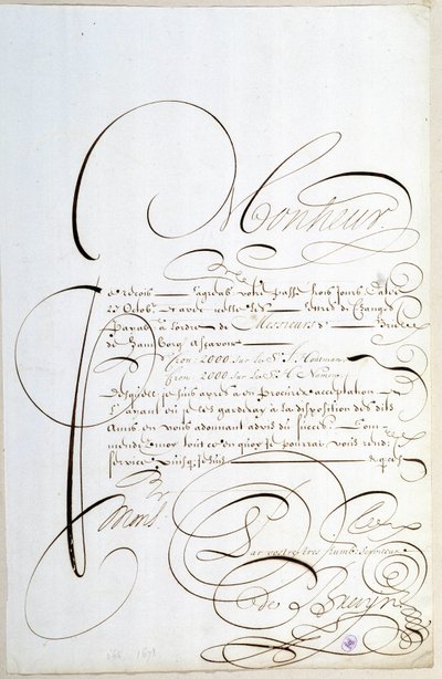 Kalligrafia: Francois de Bruynin vuonna 1678 kalligrafiima tilikirje. tekijältä French School
