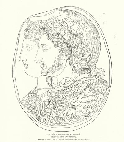 Muinaisen Egyptin faaraon Ptolemaios Philadelphuksen ja hänen vaimonsa Arsinoen Cameo, 3. vuosisadalla eKr. (kaiverrus) tekijältä French School