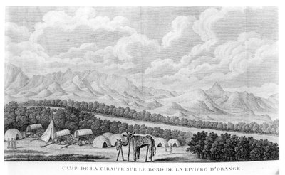 Camp Giraffe Orange-joen rannalla, Francois Le Vaillantin (1753-1824) kirjan Second Voyage dans linterieur de lAfrique osasta 2, julkaistu 1796 tekijältä French School