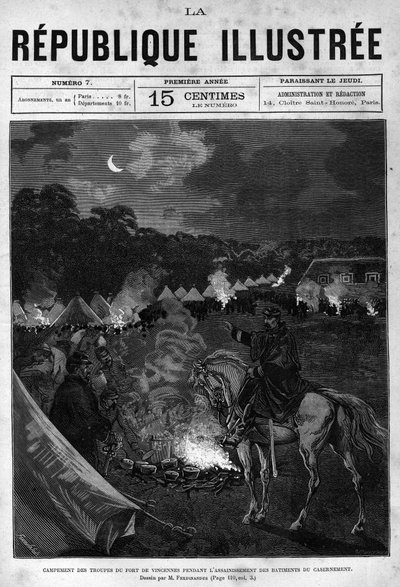 Fort de Vincennesin joukkojen leiri rakennusten siivouksen aikana. Sanomalehti. Kaiverrus vuodelta 1880 ”La republique illustree”” yksityiskokoelmassa. tekijältä French School