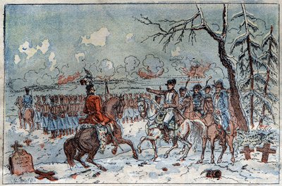 Preussin ja Puolan kampanja (1806-1807): "" Napoleon I (1769-1821) Eylaun taistelukentällä 8.2.1807 määräsi Muratin karkottamaan Venäjän ratsuväen. Kaiverrus 1800-luvulta. tekijältä French School
