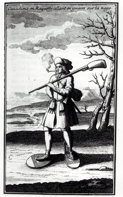 Kanadalainen lumikengillä sotaan lumessa, Bacqueville de La Potherien (1663-1736) Histoire de lAmerique septentrionalesta, julkaistu vuonna 1753 tekijältä French School