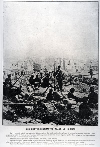 Tykkejä Buttes-Montmartrella aattona 18. maaliskuuta 1871 (bw kuva) tekijältä French School