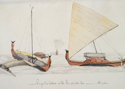 Pisin ja Irossaarten (Caroline Islands) asukkaiden kanootit, Jules-Louis Lejeunen akvarellimaalaus Duperreyn matkasta tekijältä French School