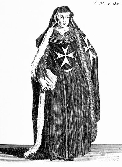 Pyhän Johannes Jerusalemin ritarikunnan kanonitar Rodoksen aikana, kuvitus Pierre Helyotin (1660-1716) teoksesta "Histoire et Costumes des Ordres Monastiques" tekijältä French School