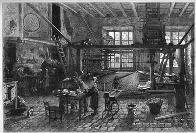 Canut työpaja. Silkkikutojan työpajan sisustus Lyonissa kriisin aikana 1800-luvun lopulla. Kaiverrus "" Le Monde Illustré" -julkaisussa nro 1039, 10. maaliskuuta 1877. tekijältä French School