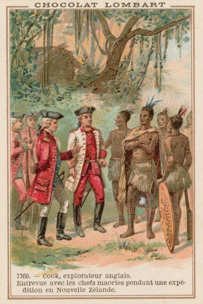 Kapteeni James Cook tapasi maoripäälliköiden Uudessa-Seelannissa, 1769 tekijältä French School