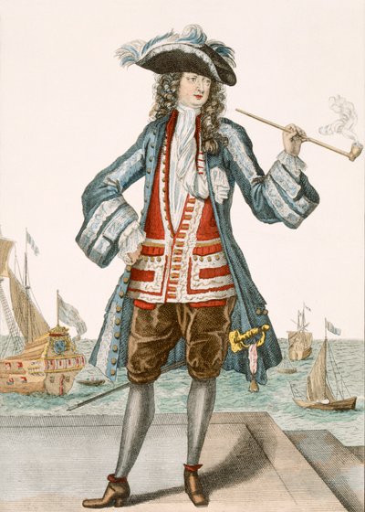 Dunkerquen kapteeni Jean Bart 88:Le Capitaine Jean Baert de Dunquerque, laivaston kapteeni, seisoo polttamassa pitkää piippua telakoilla; Jean Bart (1651-1702), flaamilainen merimies tekijältä French School