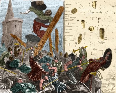 Carcassonnen vangitseminen ristiretken aikana albigereita vastaan elokuussa 1209. Kaiverrus Paul Lehugeurin Histoire De France En Centin maalauksiin 1891 tekijältä French School