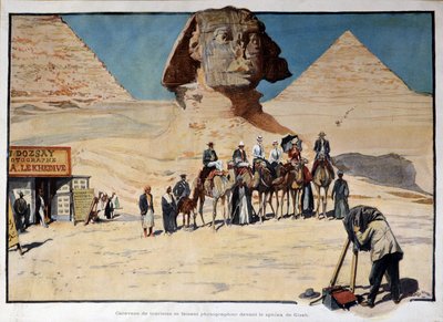Turistien karavaani valokuvataan Gizehin sfinksin edessä (Guiseh, Giza, Giza) tekijältä French School