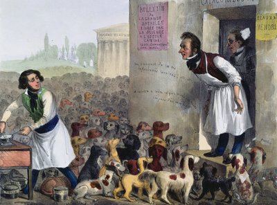 Karikatyyri pariisilaisista, jotka käsittelevät raivokkaita koiria, n. 1840 tekijältä French School