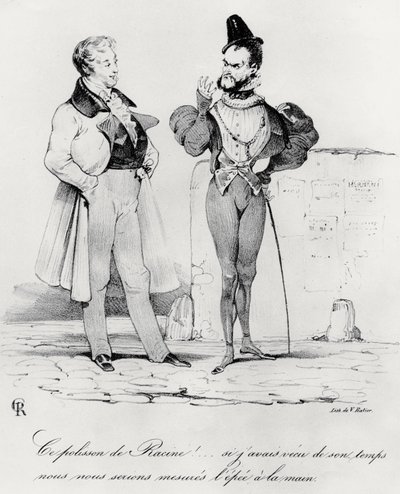 Karikatyyri Victor Hugon Hernanin aikaisista romanttisista draamista 1802-85) (1829) tekijältä French School