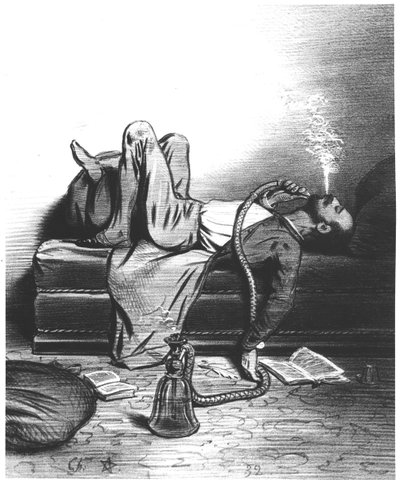 Karikatyyri romanttisesta kirjailijasta, joka etsii inspiraatiotaan hasishista, n. 1849 tekijältä French School