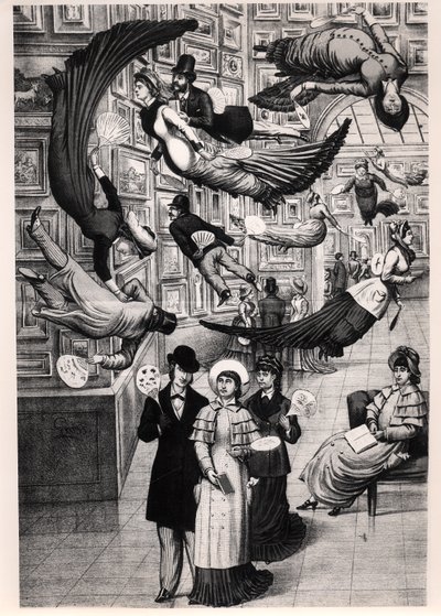 Karikatyyri Pariisin salongin vierailijoista 1880 tekijältä French School