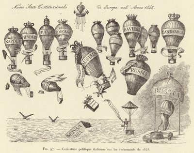 Italian poliittinen sarjakuva vuoden 1848 tapahtumista (kaiverrus) tekijältä French School