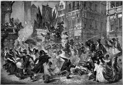 Karnevaalikohtaus Antwerpenin kaduilla (Belgia) vuonna 1860. Kaiverrus "" Le Monde Illustré" -julkaisussa nro 151, 3. maaliskuuta 1860. tekijältä French School