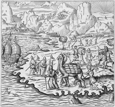 Tavaroiden kuljettaminen kameleilla kreikkalaisesta tiskiltä Aleksandriassa lähtevien laivojen lastaamiseksi Eurooppaan. Kaiverrus kirjassa "La Marine et les colonies: kauppa" tekijältä French School