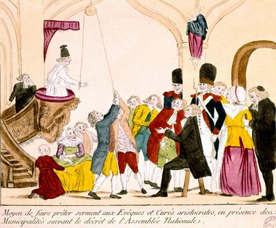 Sarjakuva, joka kuvaa ranskalaisia aristokraatteja ja papistoja vannomassa uskollisuusvalan tasavallalle (värillinen kaiverrus) tekijältä French School