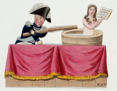 Sarjakuva, joka kuvaa kuningas Kaarle X:tä (1757-1836) guignolien muodossa, jotka kielsivät perustuslain, kun kuningas lakkautti lehdistönvapauden heinäkuussa 1830 (Saint Cloud -määräykset). Kaiverrus noin 1830. Paris, Musee Carnavalet tekijältä French School
