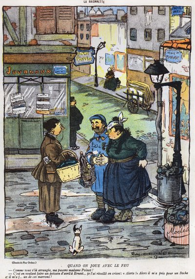 La Baionette -lehden Aprillipäivän (Poisson dAvril) painoksesta 29. maaliskuuta 1917 ilmestynyt sarjakuva, jossa vaimo yrittää tehdä tempun hänen miehelleen. tekijältä French School