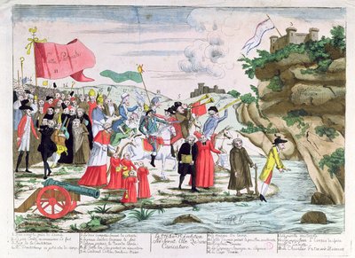 Sarjakuva, jossa pilkataan ranskalaisia pappeja ja aristokraatteja, jotka turvautuivat Saksaan vallankumouksen aikana, n. 1792 tekijältä French School