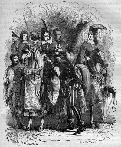 Neslen tornin tapaus: Burgundin prinsessa Marguerite (1290-1315) ja hänen kaksi sisartaan (Jeanne ja Blanche) syytetään aviorikoksesta - Kaiverrus "Prostituution ja irstailun historiasta kaikissa maailman kansoissa antiikista tähän asti" tekijältä French School