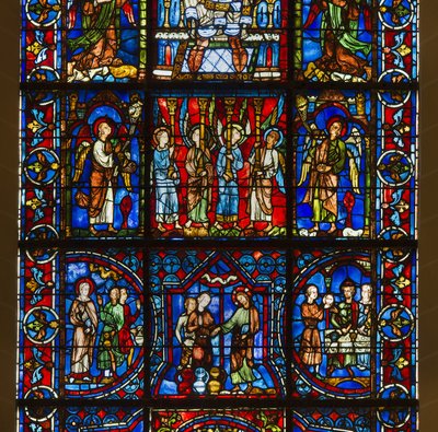 Cathedrale de chartres, lasimaalaukset: kauniin lasin rouva, jonka alla on Kristuksen julkisen elämän yksityiskohta tekijältä French School