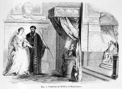 Catherine de Medici (1519-89) Nostradamuksen kanssa, Magasin Pittoresquesta, 1849 tekijältä French School