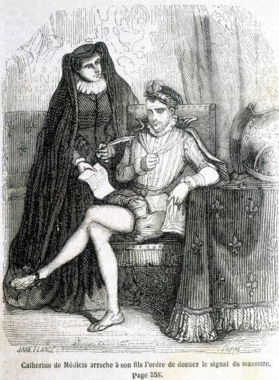 Catherine de Medici (Caterina de Medici) repii poikansa (Charles IX) käskyn antaa signaali Saint Barthelemyn verilöylystä vuonna 1572 - L.-P.:n "Histoire de France" -kirjassa. Anquetil tekijältä French School