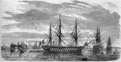Katoliset juhlat: Pitkäperjantai (pyhäperjantai) Toulonissa (Var, 83) vuonna 1858. Laivojen sauvat ovat ristissä ja lipuissa puolipiippuja surun merkkinä. Kaiverrus "" Le Monde Illustré" -julkaisussa nro 53, 17. huhtikuuta 1858. tekijältä French School