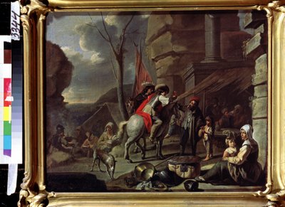 ""Ratsastajat saapuvat majataloon tiellä"" (Ratsastajat tavernassa) Kerjäläiset on asennettu sisäänkäynnin eteen. Maalausta ranskalaisesta koulukunnasta 1600-luvun jälkipuoliskolla. Pushkin-museo, Moskova tekijältä French School
